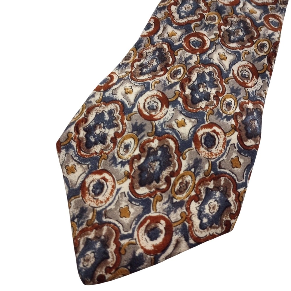 H Stockton Clothing Mens Silk Tie Blue Brown Medallion Geometric Pattern Silk